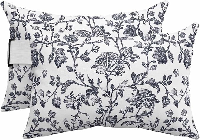 Pack of 2 Outdoor Lumbar Pillow Covers 11x16 Inch, Dark Blue Flowers Waterproof Throw Pillow Covers Set, Pastoral Vintage Farmhouse Leaf Spring Indoor&Outdoor Cushion Cases for Patio Porch Beach
