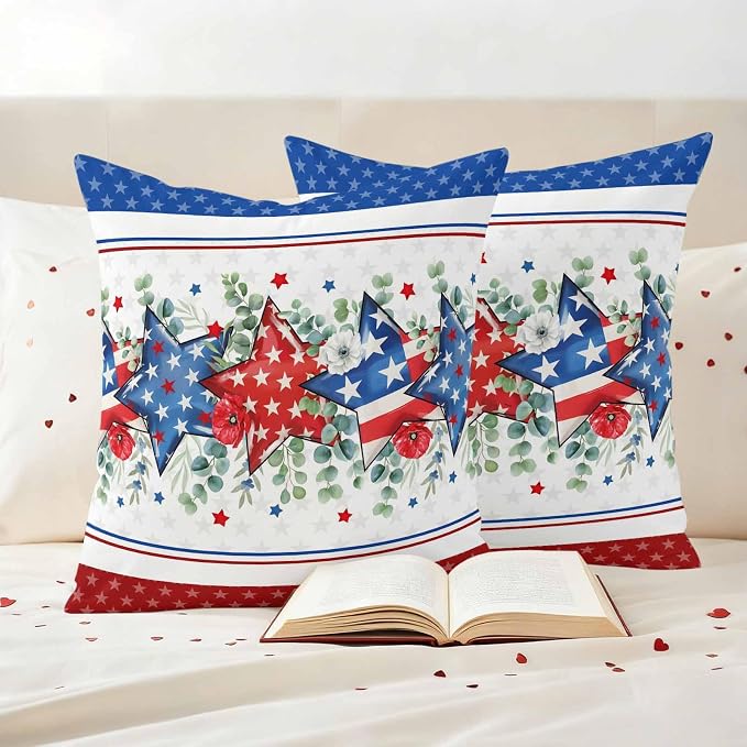 Independence Day Star Outdoor Pillow Covers 26"x26" Set of 2, Waterproof Throw Pillow Covers for Patio Furniture, Farm Red Blue White Star Eucalyptus Leaves Decorative Cushion Covers for Porch