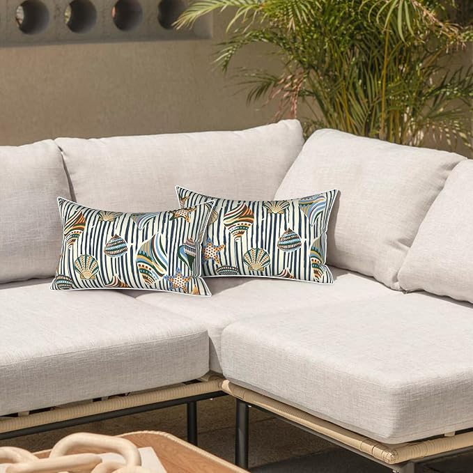 LVTXIII 2 Pack Outdoor Lumbar Pillows 12x20 Inch with White Piping, Fade Resistant Support Throw Pillows with Inserts for Patio Furniture, Sofa, Chair, Cabana Shells