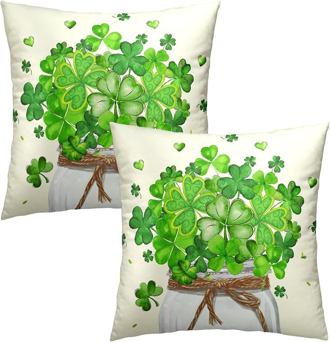 St Patricks Day Pillow Covers 16x16, 2Pcs Set Green Shamrocks Mason Jar Holiday Decorative Pillow Cases Soft Cotton Square Cushion Cover for Bed Sofa Farmhouse Spring Home Decor