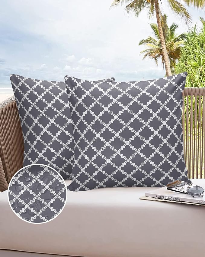 Outdoor Waterproof Pillow Covers for Patio Furniture Moroccan Pattern Decorative Throw Pillow Cover Dark Grey Pillowcases Set of 2 Cushion Case for Sofa Couch Chair Home Decor 18x18 inch