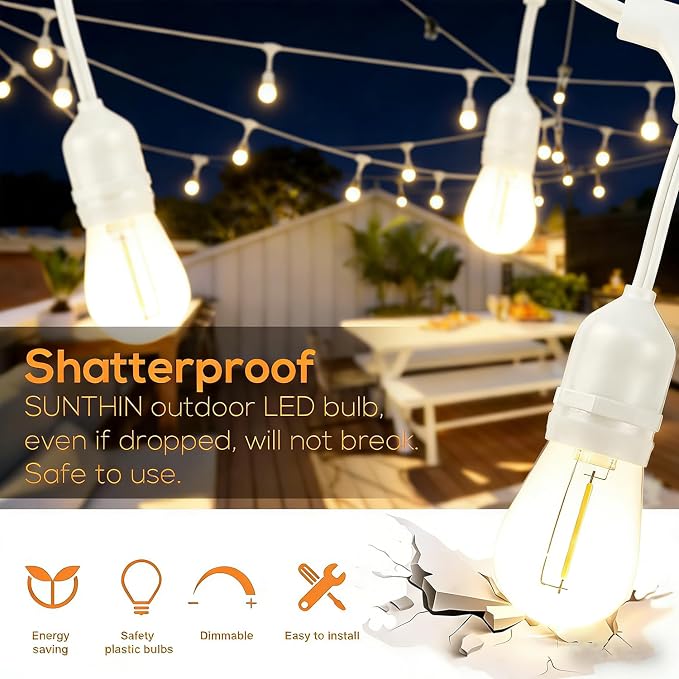 SUNTHIN 105FT Outdoor White String Light with 34 1W LED Shatterproof Filament Bulb for Patio Lights, Backyard, Porch, Party Lights