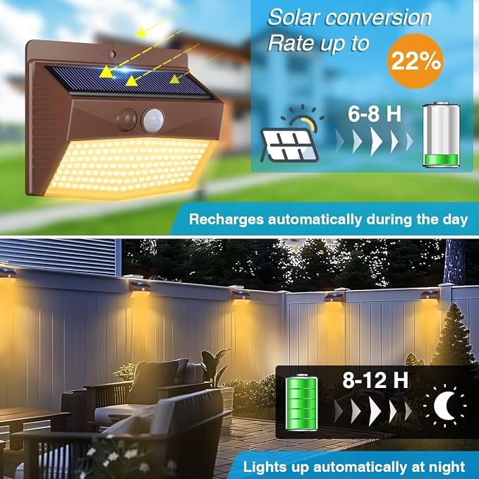 Solar Lights Outdoor Motion Sensor [10 Packs] Security Light with 3 Lighting Modes Wall Lights Waterproof Solar Powered Lights for Garden Fence Yard, Brown White