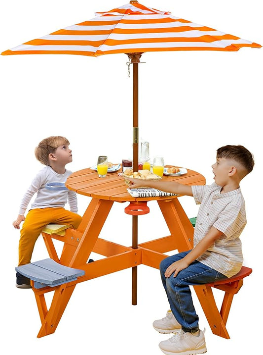 BRINJOY Kids Picnic Table & Stool Set, Outdoor Wood Round Table & 4 Bench, Toddler Picnic Table Set w/Height Adjustable Umbrella, Children Activity Table w/Cup Holders for Patio, Garden, Backyard