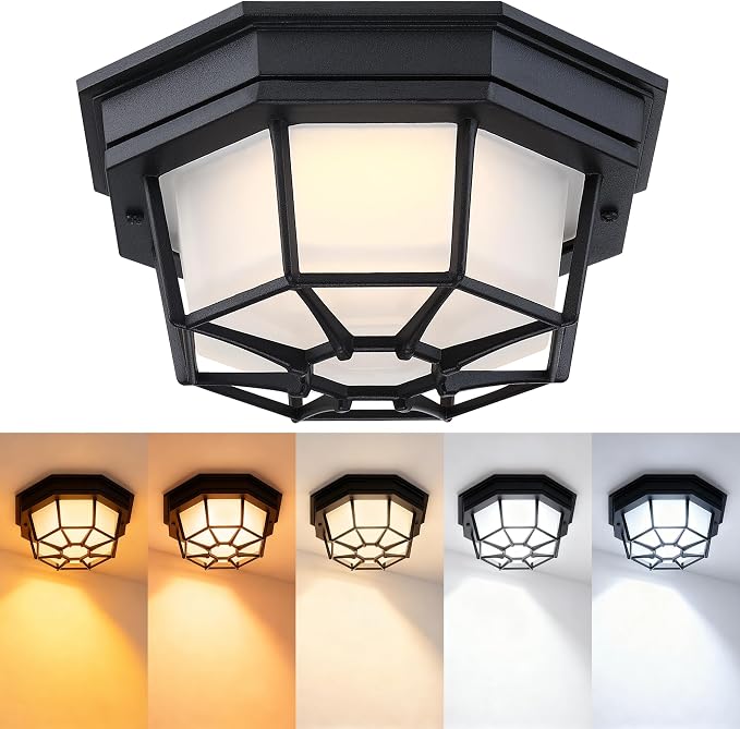 8.5” Black Flush Mount LED Ceiling Light 2700K 3000K 3500K 4000K 5000K Octagonal Outdoor Porch Lights Black 8.5inch Outside Ceiling Light for Patio,Aluminum Alloy and Glass,14W, 120V, 750lm-1000Lm