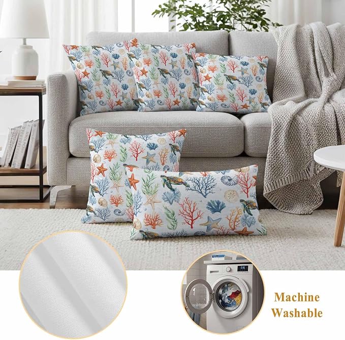 Summer Ocean Outdoor Waterproof Pillow Covers Pack of 2, Blue Nautical Sea Turtles Shells Corals Starfish Decorative Throw Pillowcases Cushion Covers for Garden Patio Tent Sofa Couch, 16x16 inch