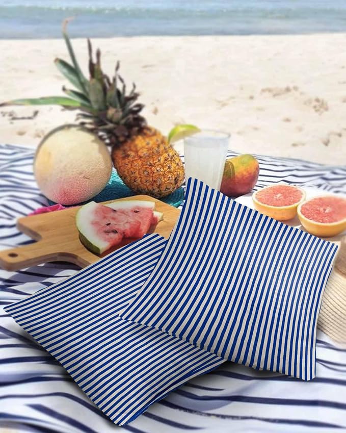 Outdoor Waterproof Throw Pillow Covers Set of 2 Navy Blue Stripes Pillowcases 20x20 Inches Linen Classic Vertical Striped Patio Decorative Pillows Cushion Case Patio Pillows for Couch Bed Chair Garden