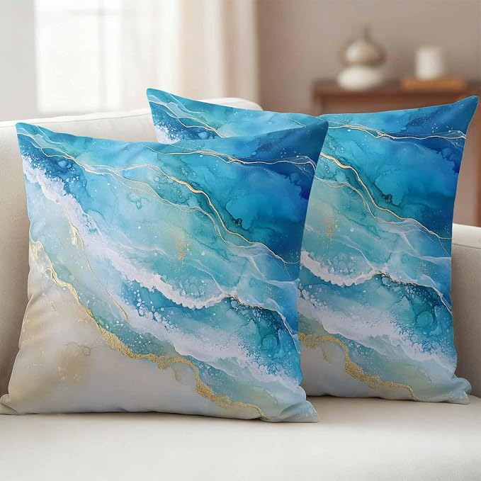 Abstract Waves Outdoor Waterproof Throw Pillow Covers Set of 2, 26"x26", Surrealism Spray Beach Ocean Watercolor Decorative Pillow Covers Outside Cushion Case for Patio Porch Garden