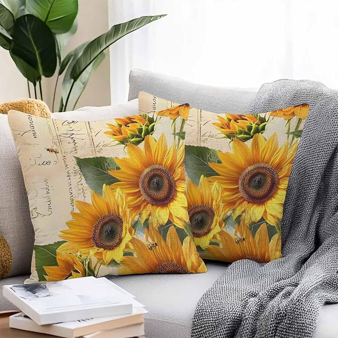 Throw Pillow Covers 26x26 Inch Set of 2, Yellow Sunflowers Waterproof Outdoor Cushion Covers, Country Vintage Botanical Floral Decorative Pillowcases for Couch, Sofa, Bed, Garden, Patio
