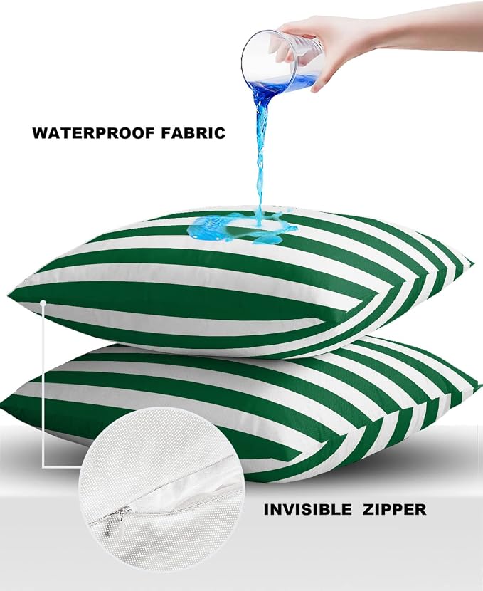 Outdoor Waterproof Pillow Covers for Patio Furniture Merry Christmas Decorative Throw Pillow Cover Green And White Stripes Pillowcases Set of 2 Cushion Case for Sofa Couch Chair Home Decor 20 x 20 In