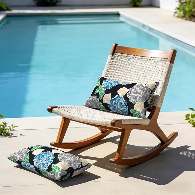 Outdoor Lumbar Pillows with Insert 12x20 Inch, Waterproof Throw Pillow for Patio Furniture, Decorative Lumbar Cushions for Garden Home Sofa Office Chair, Set of 2, Peony Garden