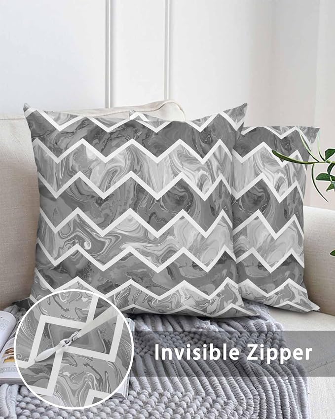 Outdoor Waterproof Throw Pillows Marble Gray Zigzag Ripple Chevron Patio Pillows Pack of 2,Decorative Pillow Covers with Insert,Pillow Cushion Case for Garden Couch Modern Geometric Abstract Pattern
