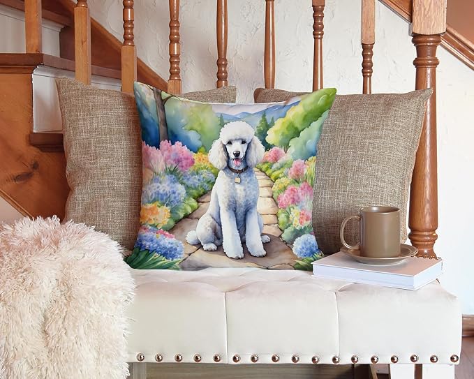 Caroline's Treasures White Poodle Spring Path Throw Pillow Machine Washable, Indoor Outdoor Decorative Pillow for Couch, Bed or Patio, 14Hx14W