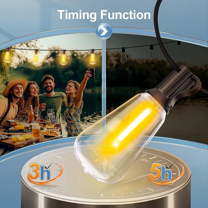 Outdoor String Led Patio Lights - 50Ft 15M Outside Waterproof Light With Remote Dimmable ST38 Shatterproof Bulb Connectable Hanging Outdoor Electric Lighting For Backyard Yard Gazebo Porch Party