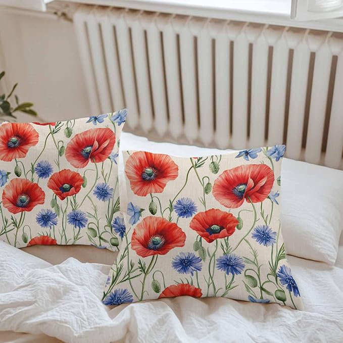 Red Blue Flowers Waterproof Outdoor Pillow Covers Set of 2 Home Decor, Patriotic Poppy Floral Summer Country Pillowcase Patio Pillow Covers for Couch Bench Furniture Garden 26x26in