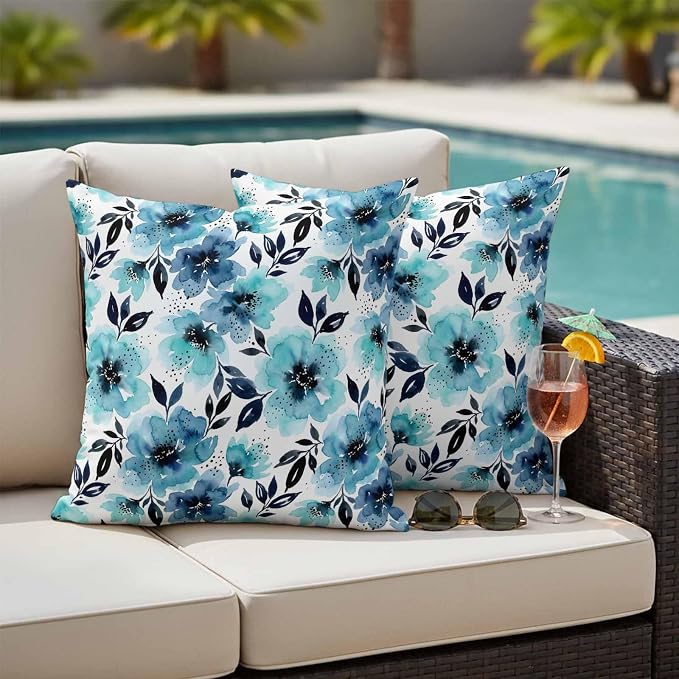 Botanical Floral Leaves Outdoor Pillow Covers 24"x24" Set of 2, Watercolor Painting Blue Gradient Blooms Waterproof Throw Pillow Covers for Patio Furniture, Decorative Cushion Covers for Porch