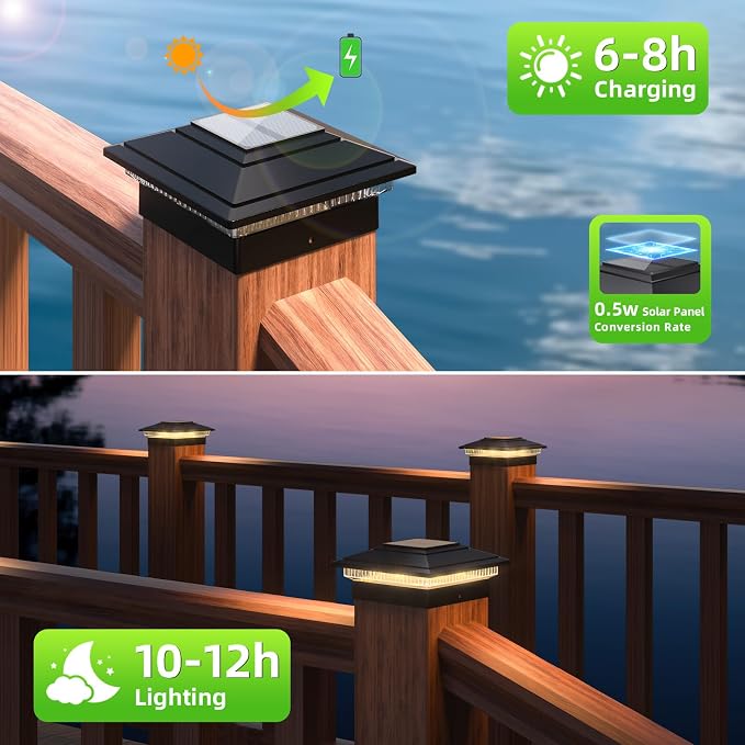 Post Caps Lights Outdoor 6pack, Waterproof Fence Post Solar Lights for 4x4 5x5 6x6 Wood/Vinyl Posts, Black Solar Deck Post Lights with 2 Color Modes Decorate Garden Patio Porch Backyard