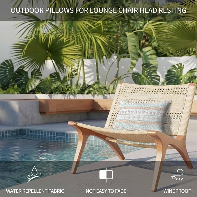 Outdoor Lumbar Pillow Set of 2, Light Green Boho Striped Waterproof Beach Headrest Pillow with Inserts, Southwestern Ethnic Tribe Vintage Recliner Throw Pillows for Patio Furniture, 12 x 20