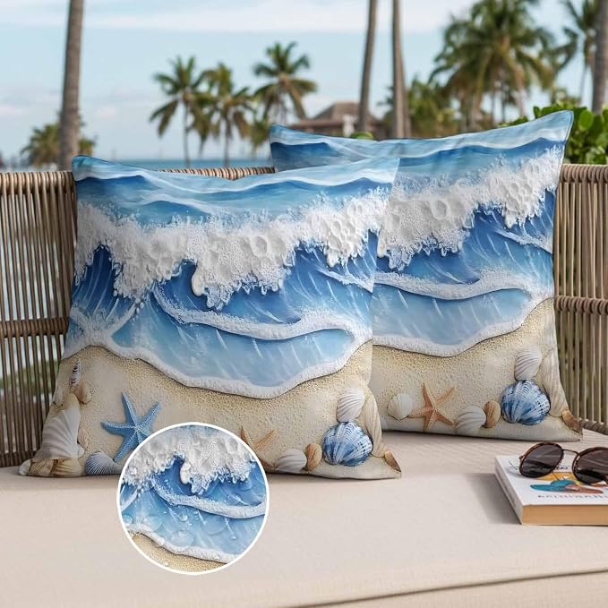 Summer Beach Outdoor Waterproof Throw Pillow Covers Set of 2, 24"x24", Seashell Starfish Nautical Coastal Decorative Pillow Covers Outside Cushion Case for Patio Porch Garden