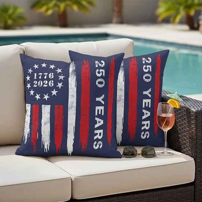 250 Years America Outdoor Pillow Covers 16"x16" Set of 2, Waterproof Throw Pillow Covers for Patio Furniture, USA 250th Anniversary Red White Blue Decorative Cushion Covers for Porch