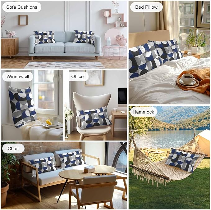 Vandarllin Outdoor Throw Pillows Covers 20x12 inch Set of 2 Waterproof Modern Blue Gray Geometric Decorative Zippered Cushion Covers for Patio Furniture, Abstract Mid Century Lumbar Pillowcases