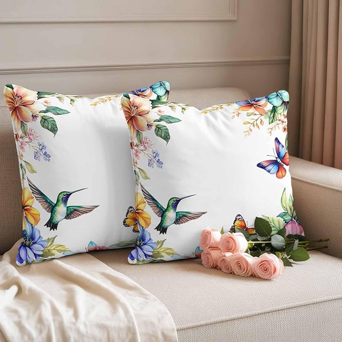 Spring Flowers Bird Outdoor Waterproof Throw Pillow Covers Set of 2, 20"x20", Hummingbird Butterfly Rustic Decorative Pillow Covers Outside Cushion Case for Patio Porch Garden