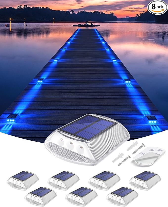 DetarZinLED Blue Solar Dock Lights for Outside IP68 Waterproof Led 8 Pack | Sturdy PC Shell, Stick on & Screw Mount, Markers Light for Outdoor Deck, Driveway, Step, Walkway, Path, Sidewalk, Patio, pool