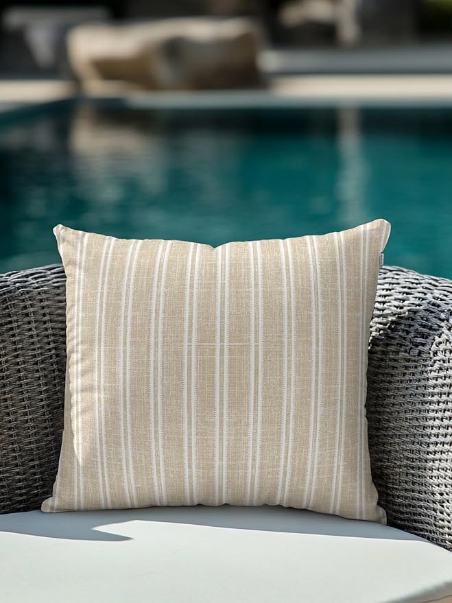 Waterproof Outdoor Pillow 1 Pack Beige Linen Striped Decorative Throw Pillows Cover & Insert 18x18 Inch Pillowcase Vertical Stripes Lines Pillows for Couch Sofa Bed Patio Furniture Indoor Outdoor