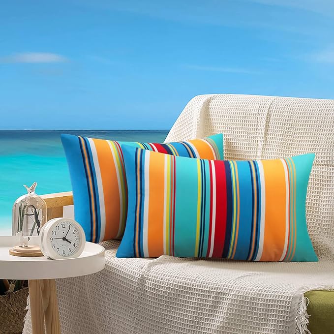 Pyonic Outdoor Lumbar Pillow Covers Set of 2 Waterproof Throw Pillow Covers Decorative Patio Pillows for Patio Tent Garden Beach,12x20 Inches,Color Stripe(Blue)