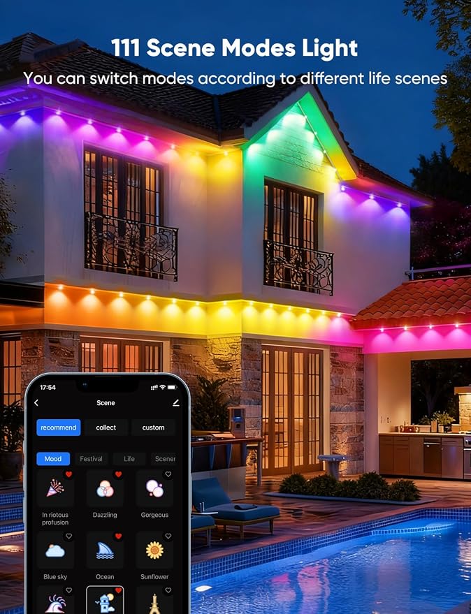 RGBW Permanent Outdoor Lights 400ft, 40LM, with 288 LED Bulbs, Black | IP67 Waterproof, 111 Scene Modes, 2700K Warm White, Music Sync, Individual Control, Eave Lights Compatible with Alexa