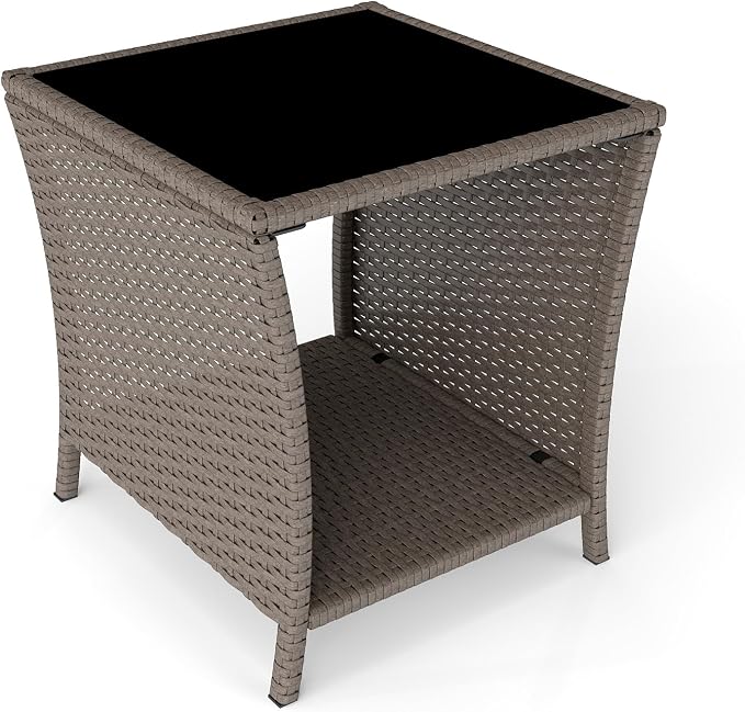 Outdoor Small Patio Table - PE Rattan Coffee Table, Wicker Side Table for Patio, Balcony & Porch, Durable & Iron Frame (1, Sesame)