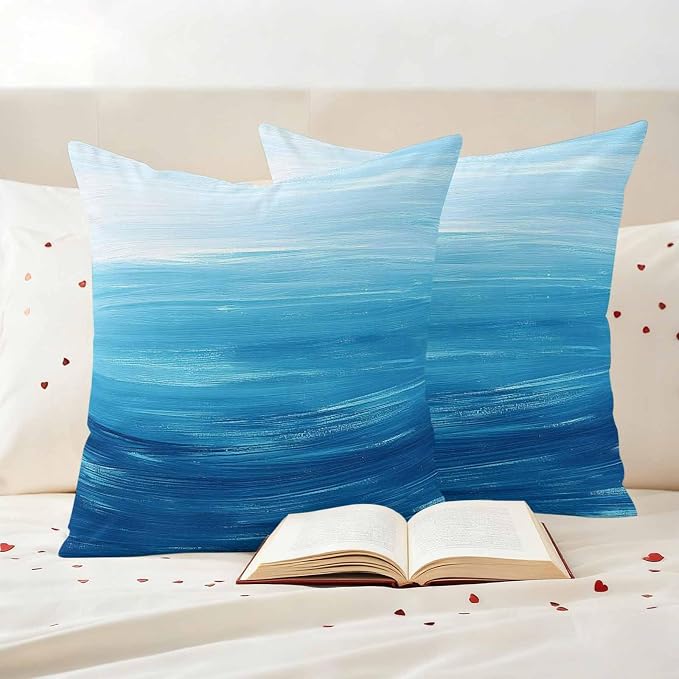Outdoor Waterproof Throw Pillow Covers, Sky Blue Coastal Decorative Pillow Cases, Nautical Modern Ocean Wave Couch Pillow Protector Patio Sofa Cushion Covers Replacement 18"x18" 2 Pack