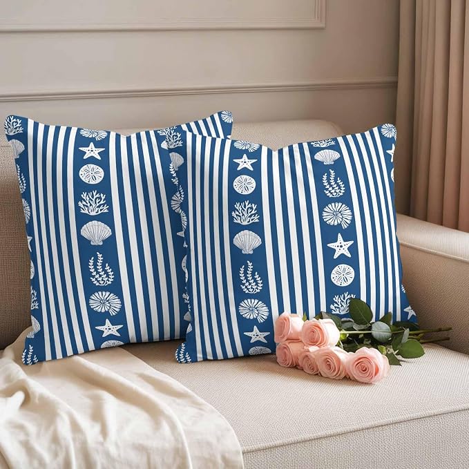 Striped Outdoor Waterproof Throw Pillow Covers Set of 2, 20"x20", Ocean Navy Blue Starfish Shell Jellyfish Coral Decorative Pillow Covers Outside Cushion Case for Patio Porch Garden