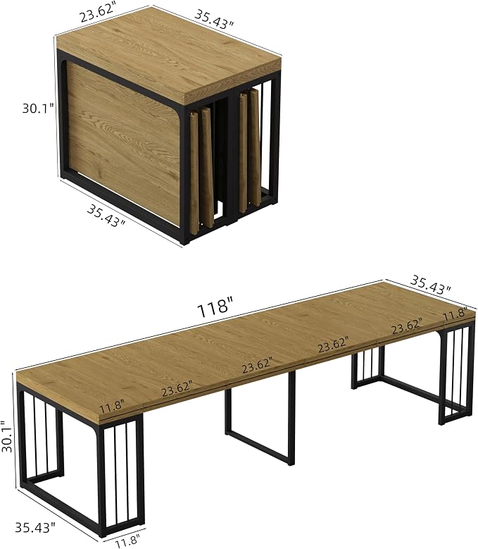 23.6" - 118" Extendable Dining Room Table, Modern Extra Long Folding Dining Tables for 2-10 People, Outdoor Patio Furniture Set, Adjustable Kitchen Dinner Table, Wild Oak