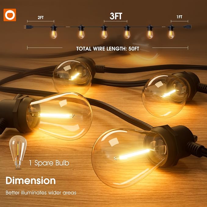 addlon 50FT Outdoor String Lights with 16 Edison LED Dimmable Waterproof | Shatterproof Energy-Saving Bulbs, Hanging for Outside Cafe Bistro Garden Balcony Porch Yard Gazebo Deck Connectable