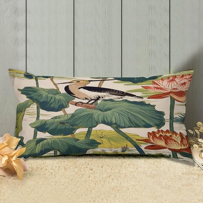 Set of 2 Chinese Pond Bird Decorative Throw Pillow Covers 12x24in Farmhouse Rectangle Accent Pillow Cases Cushion Cover Cases for Sofa Chair Bedroom Home Decor