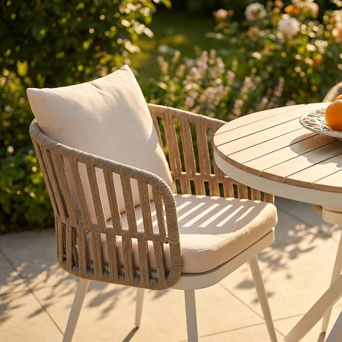SUNSITT Patio Dining Chairs Set of 4, Outdoor Metal Dining Chairs with Woven Rope, All-Weather Patio Arm Chairs w/Cushions, Porch, Garden, White