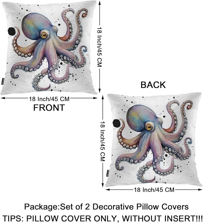 Swono Octopus Bed Pillow Covers, Watercolor Ocean Sea Octopus Decorative Throw Pillow Cover Cushion Case for Sofa Bed Living Room Farmhouse Decorations, 18"X18" 2 Pieces Pillowcases