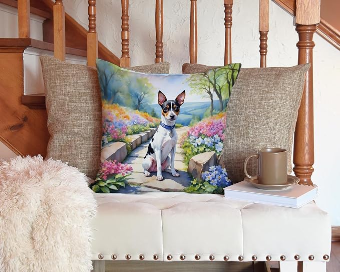 Caroline's Treasures Rat Terrier Spring Path Throw Pillow Machine Washable, Indoor Outdoor Decorative Pillow for Couch, Bed or Patio, 14Hx14W
