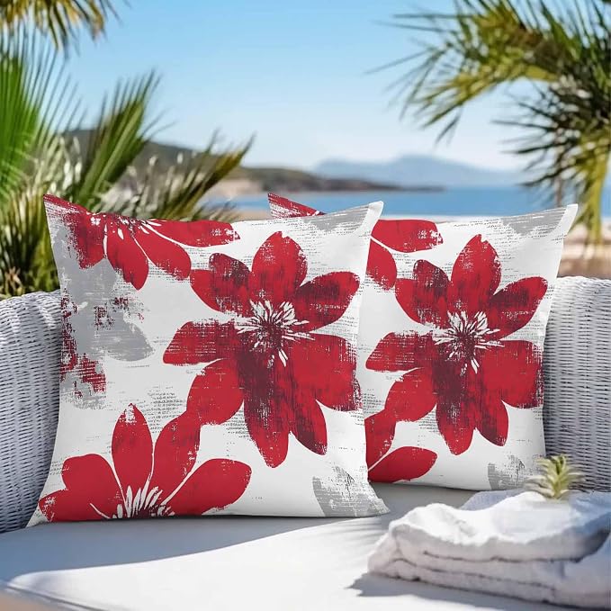 Vandarllin Outdoor Throw Pillows Covers 16x16 inch Set of 2 Waterproof Red Sunflower Decorative Zippered Cushion Covers for Patio Furniture, Flower Field Lumbar Pillowcases
