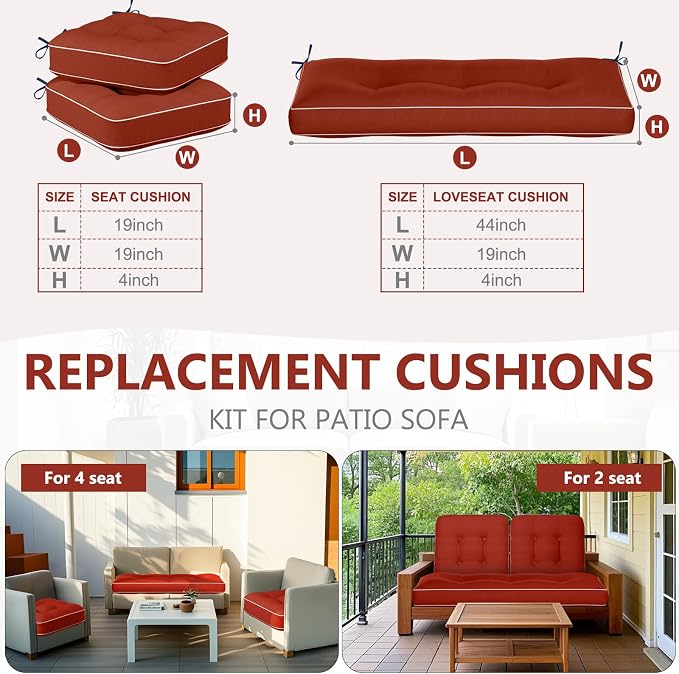Wenqik 44 x 19 x 4 Inch Outdoor Bench Cushion Set of 3 Waterproof Tufted 1 Patio Loveseat Cushions and 2 Square Chair Seat Pad for Outdoor Furniture Couch Swing Sofa Wicker Settee(Wine Red)