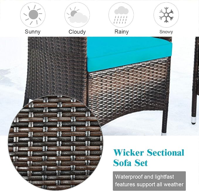 HAPPYGRILL 4-Piece Patio Furniture Set Rattan Wicker Conversation Set with Cushioned Sofa and Coffee Table for Outdoor Backyard Garden Poolside