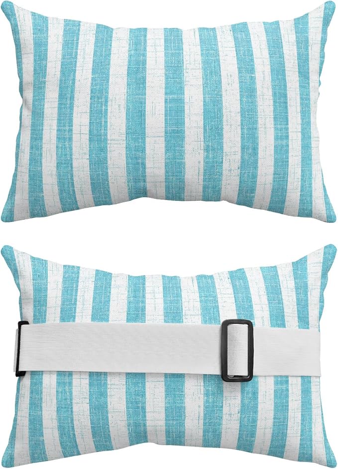 Outdoor Pillows with Insert 1 Pack-12"x20" Teal Stripes Head Pillow for Pool Lounger and Office Chair Modern Farmhouse Linen Texture Lumbar Pillow with Adjustable Strap
