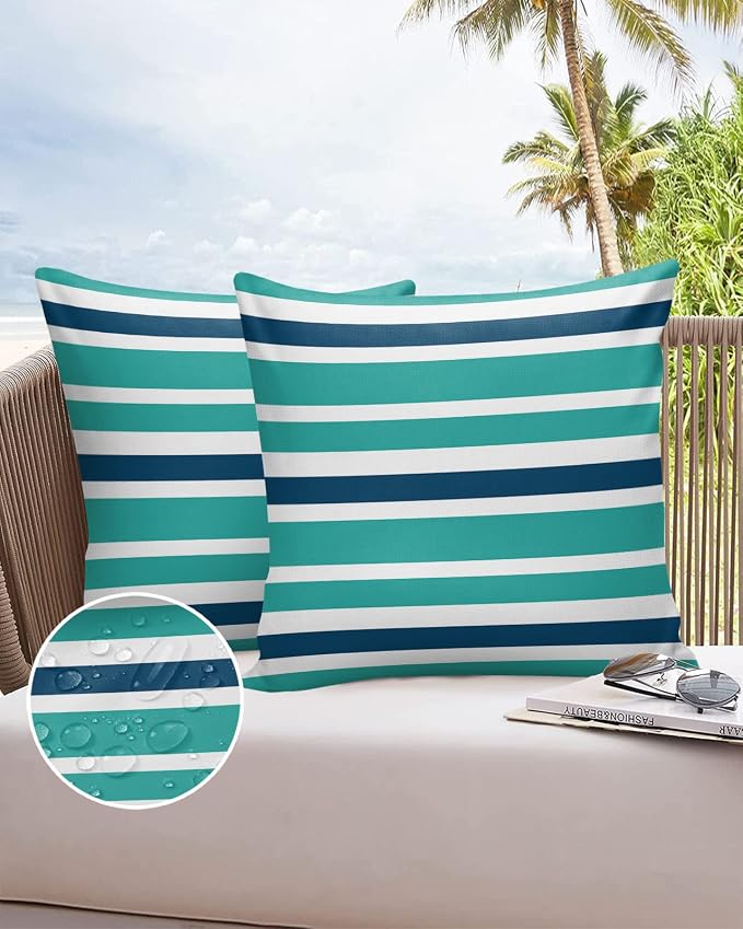 Outdoor Waterproof Throw Pillow Covers Set of 2 Navy Blue Turquoise Stripes Decorative Outdoor Pillows Cushion Case 18x18 Inch Teal Striped Patio Pillows for Couch Sofa Bed Garden Office Home Decor