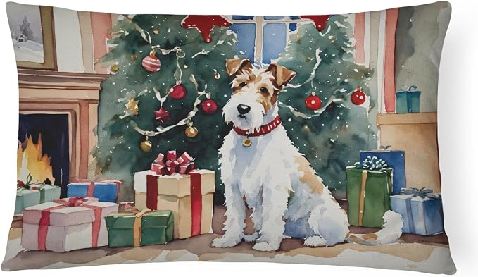 Caroline's Treasures DAC2766PW1216 Fox Terrier Cozy Christmas Throw Pillow Machine Washable, Indoor Outdoor Decorative Pillow for Couch, Bed or Patio, 12HX16W