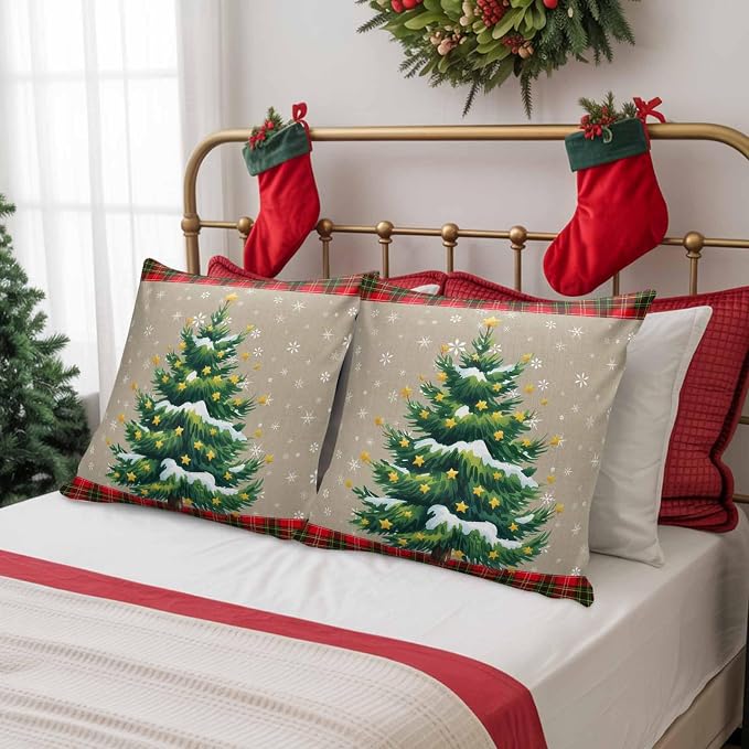 Outdoor Waterproof Throw Pillow Covers, Christmas Trees Winter Snowflake Green Red Tartan Plaid Vintage Burlap Pattern Pillowcases Cushion Covers Cases for Patio Couch Bench, Pack of 2, 18X18 Inch
