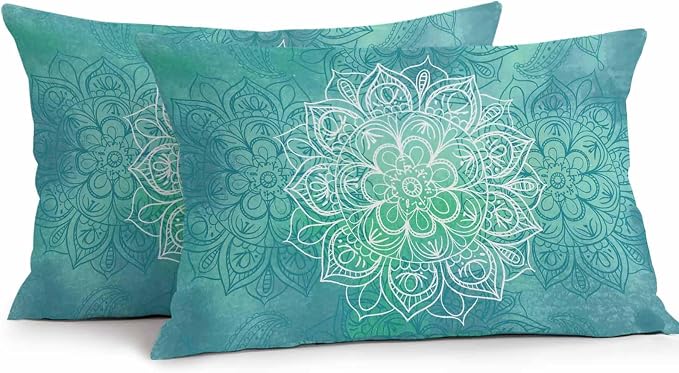 Vandarllin Outdoor Throw Pillows Covers 20x12 inch Set of 2 Waterproof Turquoise Boho Floral Decorative Zippered Cushion Covers for Patio Furniture, Bohemian Flower Lumbar Pillowcases