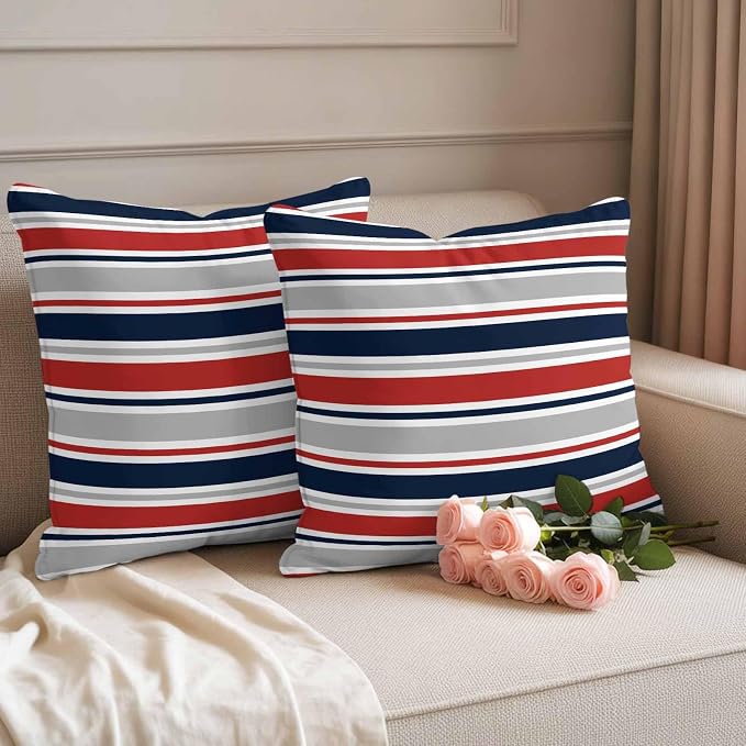 Outdoor Pillow Covers 26 x 26 Inches, Red Navy Blue Striped Waterproof Throw Pillow Cover Set of 2, Farmhouse Stripes Modern Abstract Art Decorative Square Cushion Covers for Patio/Couch/Garden