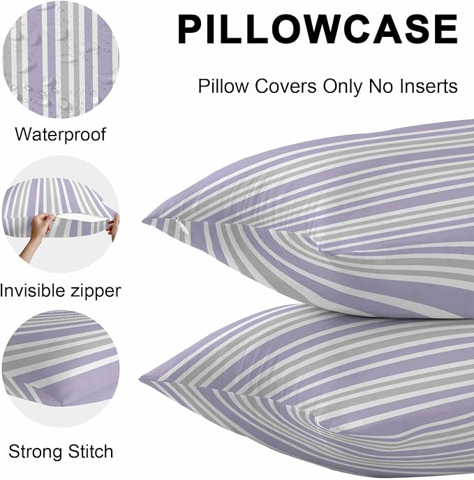 Light Purple Grey Stripe Outdoor Pillow Covers 26x26 Inch Throw Pillow Covers Set of 2 Waterproof Decorative Pillow Cases Farmhouse Minimalist Striped Cushion Covers for Patio Furniture Garden Couch
