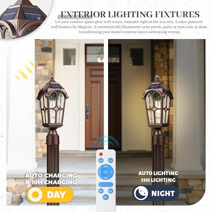 17.3 Inch Outdoor Solar Post Light, Dusk to Dawn Pier Mount Pole Lamp, Oil Rubbed Bronze Aluminum with Seeded Water Ripple Glass, Waterproof Exterior Lantern for Yard Garden Patio Driveway